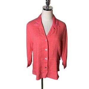Focus Top Women's Size Small Orange 100% Linen Button Up Collar Neck